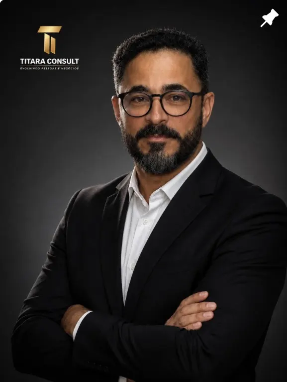 Retrato de Adryano Titara de terno escuro com o logo da Titara Consult
